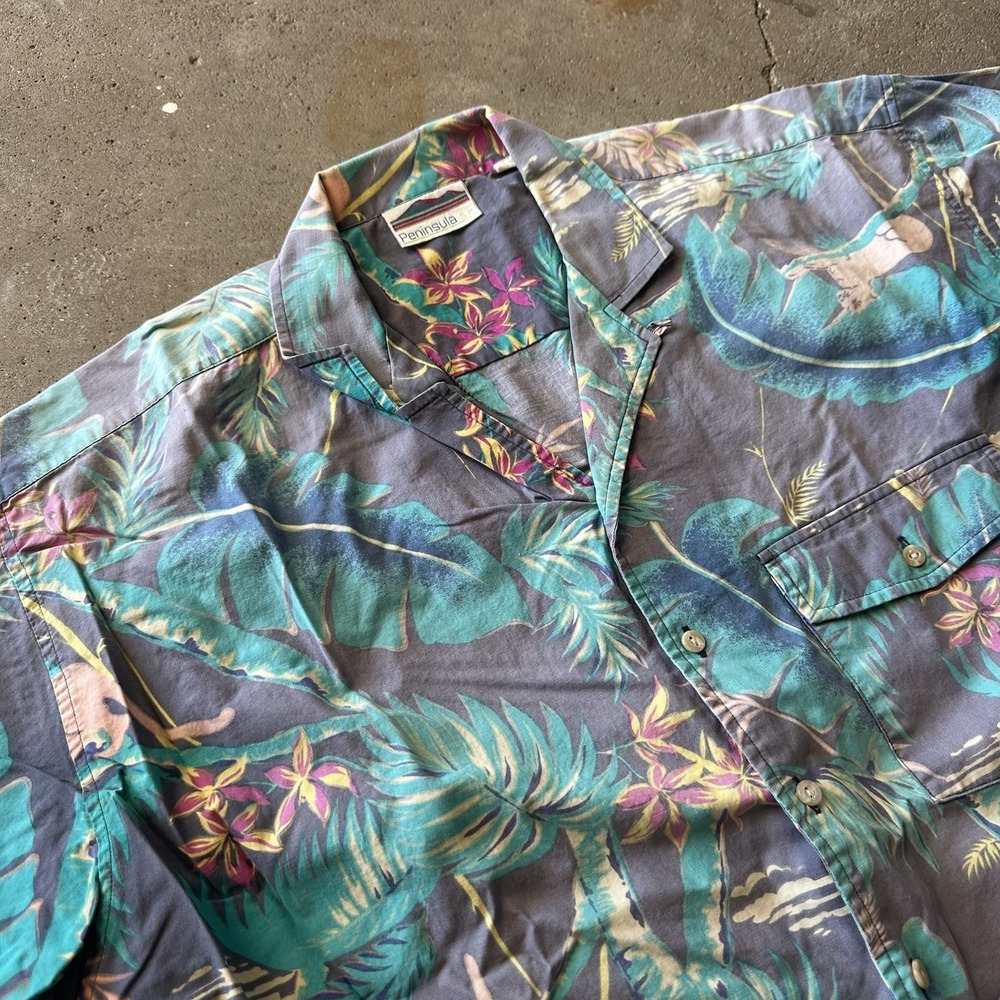 Vintage Peninsula SF Mens XL Hawaiian Tribal Tropical Button Up‎ Faded USA Made